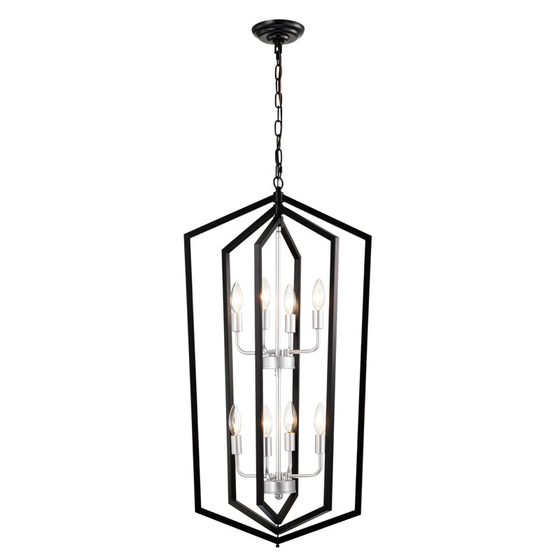 Luminaire suspendu en métal 8 lumières campagnard, Argent / noir mat