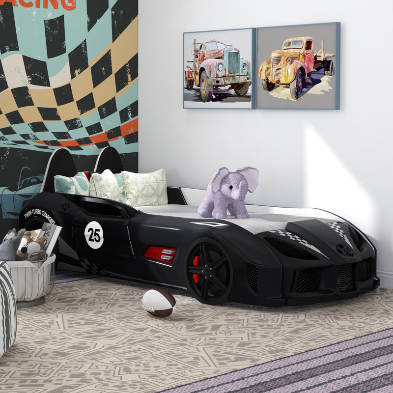 Lunnie Twin Car Bed With Lights, Blue, Black