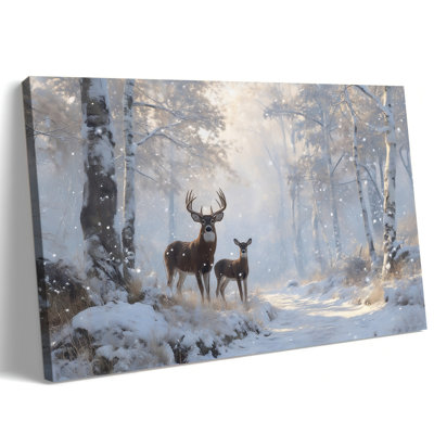 «Large Winter Deer Family», affiche encadrée de scène de Noël dans la forêt enneigée, reproduction d'art prête à suspendre pour la maison, le salon, la chambre à coucher, 24 po x 36 po