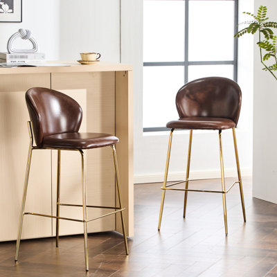 Dark Brown Faux Leather Bar Stools Of 2, Gilded Legs For Luxury, Frame, Comfortable Cushion, Low - Back Support Opulence, Adjustable Height, Cushioning Dining And Kitchen