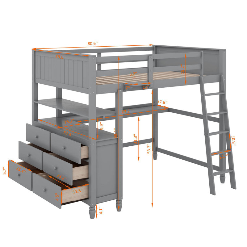 Lit mezzanine avec tiroirs, bureau et tablettes, Double, Gris