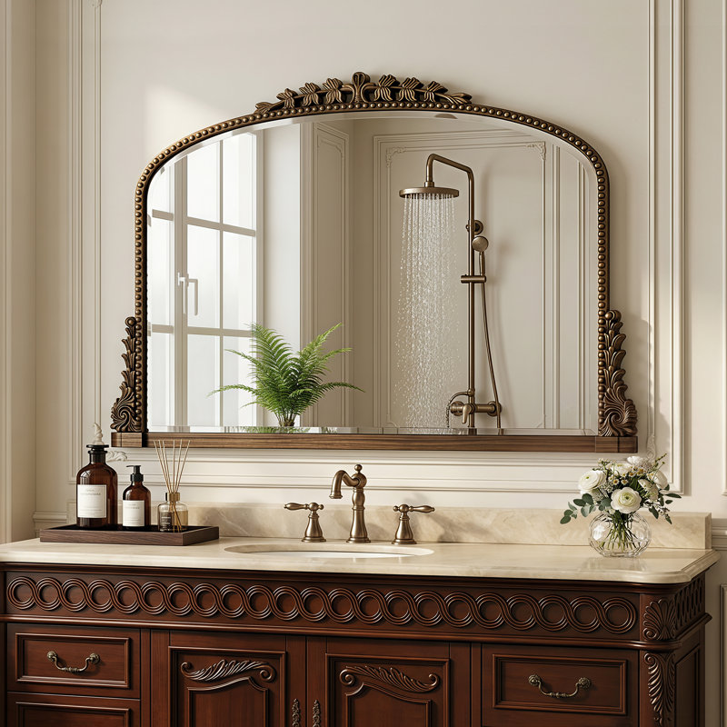 Miroir de salle de bain rétro gravé, miroir mural arqué, 24"×36", Bronze ancien