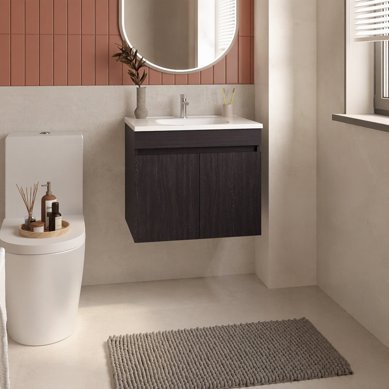 Meuble-lavabo double flottant Chaux, avec lavabo en résine et deux tablettes, rangement pour salle de bain, noir, Black