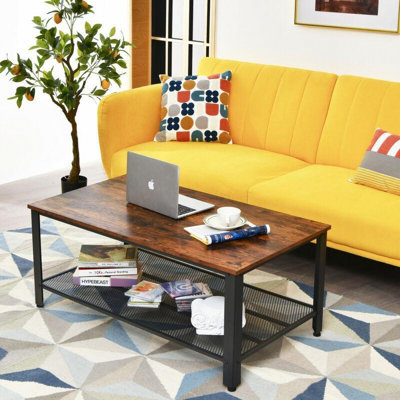 Table basse Console avec tablette de rangement et structure en métal aspect bois brun