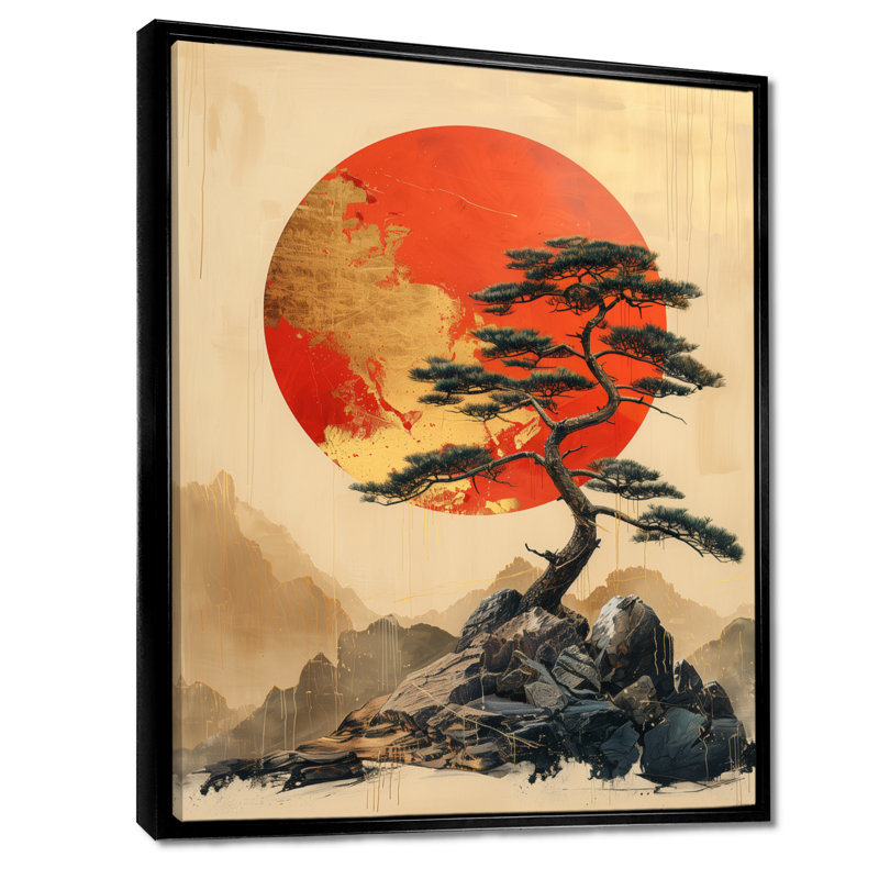 Décoration de coucher de soleil Bonsai doré orange - Japon I, Cadre flottant noir, H 16 po x l 32 po