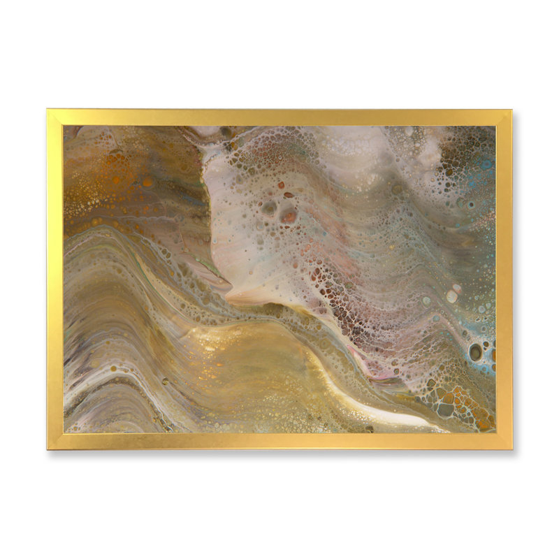 Vagues de marbre brun et gris - peinture sur toile, H 16 po x l 32 po x P 1 po, Cadre doré