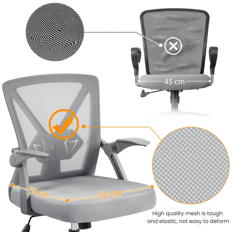Mesh Desk Chair with Flip-up Armrest, Full Grey