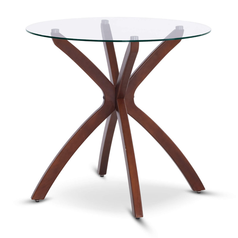 Round Dining Table with Tempered Glass Top and Solid Wood Legs, Brown