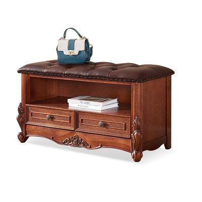Retro Style Wood Upholstered Bedroom and Entryway Leather Storage Bench