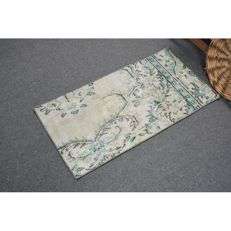 Tapis turc-anatolien vert fait à la main idéal pour les tapis de voiture et les décorations murales avec attrait rétro et petit format