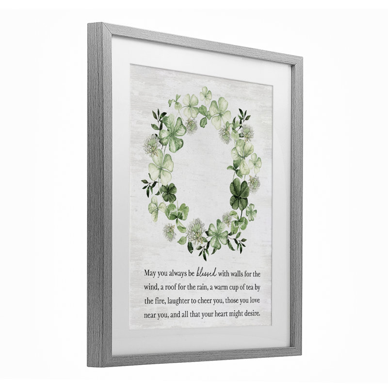 «Blessed Irish Clover Wreath», reproduction sous verre encadrée, lettrée et doublée, Gris, H 16 po x l 13 po