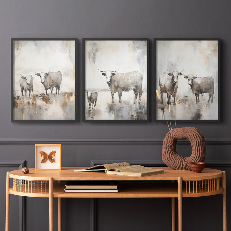 Série de bovins XCVI - Ensemble de 3 estampes numériques encadrées - Prêt à être accroché, Black Framed, H 10 po x l 8 po