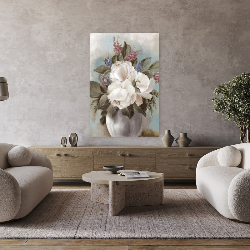 Art contemporain, pivoines délicates et romantiques, H 48 po x l 32 po