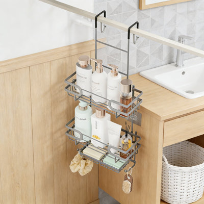 Serviteur de douche au-dessus de la porte avec porte-savon double, organisateur de douche suspendu à 3 niveaux avec 16 crochets, tablette de rangement en acier inoxydable antirouille pour porte de salle de bain