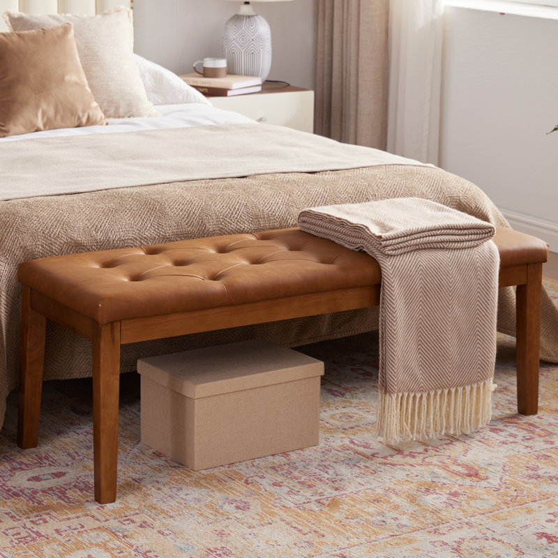 Oversized Mid-Century Modern Button Tufted Ottoman Bench with Solid Wood Frame, Cognac Brown
