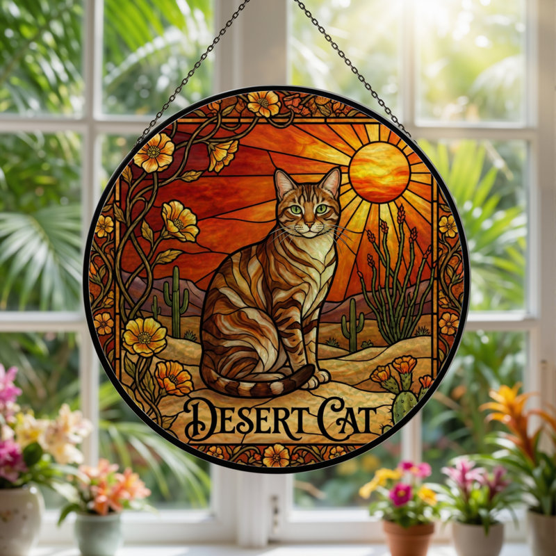 7.8"H Desert Cat Stained Glass Window Panel