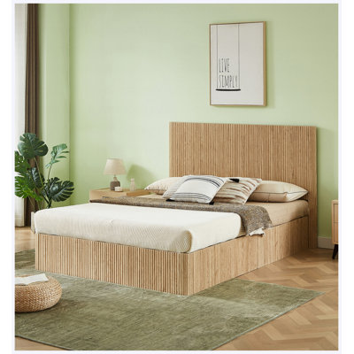 Cadre de lit à grand lit avec rangement hydraulique, conception courbée en bois, aucun sommier requis, chêne