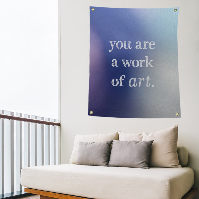 Tapisserie de travail en polyester d’art sur les citations, H 36 po x l 26 po, Bleu / Gris