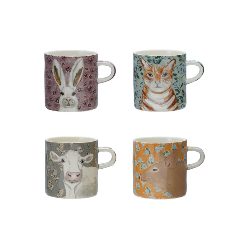 Multicolore tasse 4 pièces en grès avec motif et image d'un animal