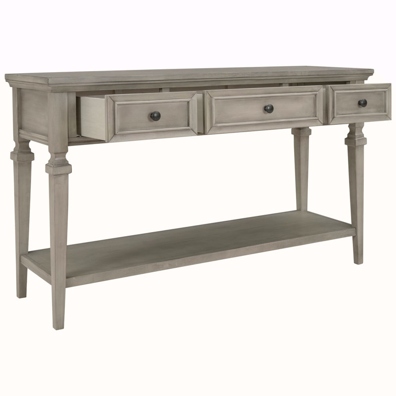 Console de style rétro classique avec trois tiroirs supérieurs et tablette inférieure ouverte, Gris délavé