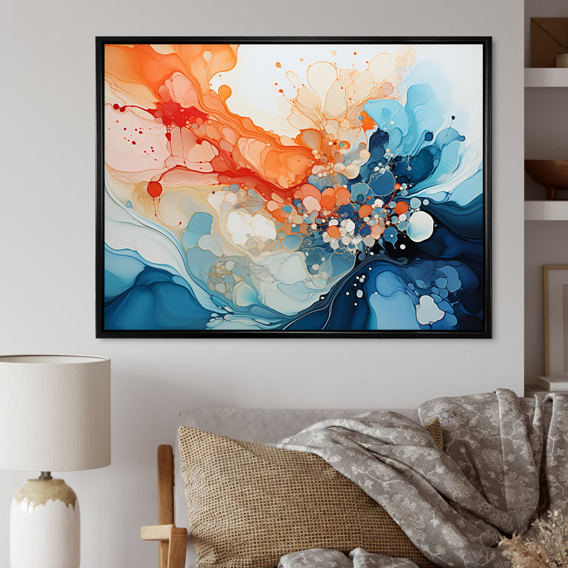 «Orange and Teal Essence Ink», reproduction d'art sur toile abstraite, Cadre photo argenté, L 32 po x H 24 po