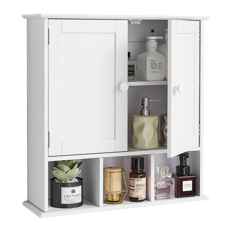 Armoire murale de salle de bain, 2 portes et tablette ajustable, armoire de rangement à suspendre au-dessus de la toilette, organisateur mural avec tablettes et cloison ouverte pour la salle de lavage de la cuisine, blanc