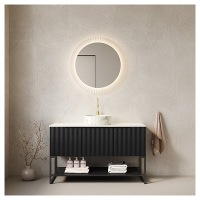 Meuble-lavabo 48 po, meuble de rangement autoportant avec 3 portes et tablette ouverte, lavabo rond en céramique blanc brillant avec motif en pierre et plateau en pierre frittée blanc de Carrare, noir