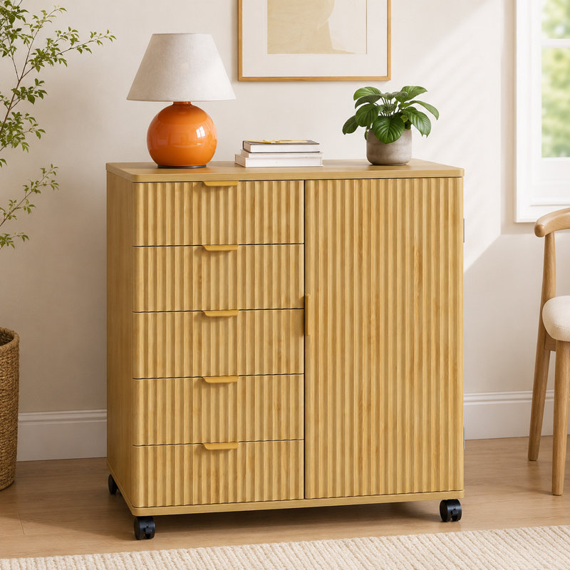 armoire à cinq tiroirs en chêne, classeur rainuré, armoire de rangement à roulettes avec tablettes réglables, Tanné