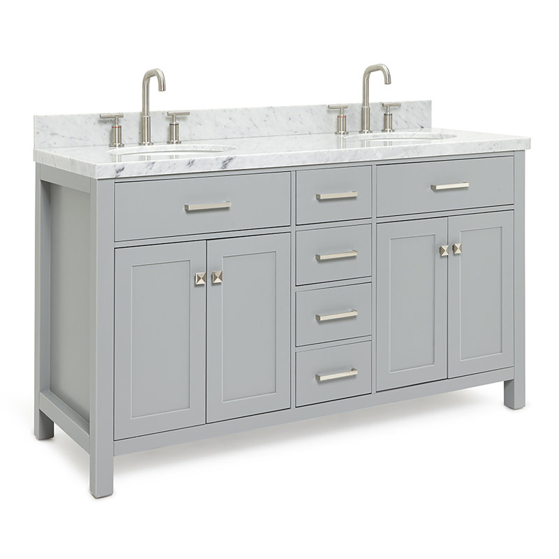 Meuble-lavabo double 60 po avec plateau en marbre blanc de Carrare Macnair, gris