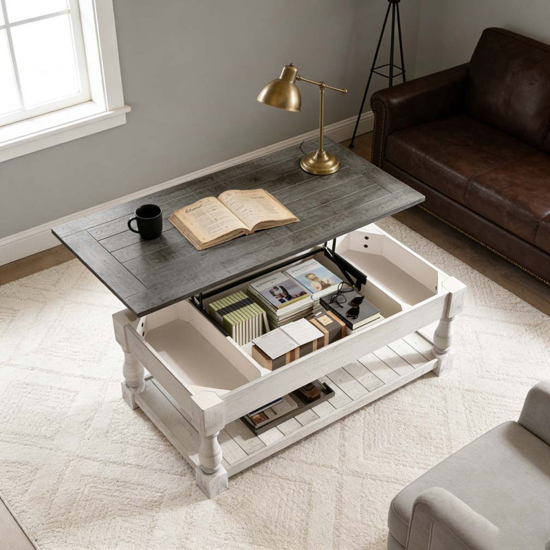Farmhouse Lift Top Coffee Table with Fixed Shelf, Antique White, Antique Gray