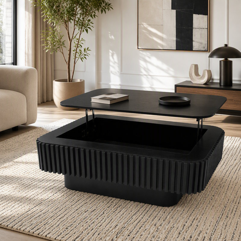 Table basse relevable cannelée avec rangement, 82,5 lb, Black