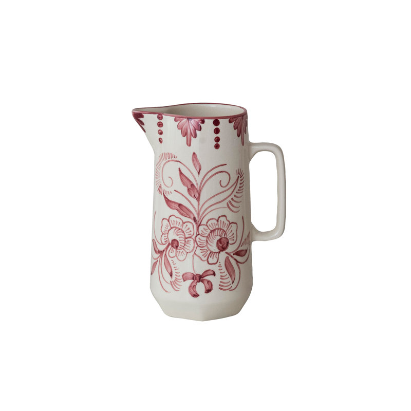 Hand-Painted Stoneware Pitcher with Botanical Design