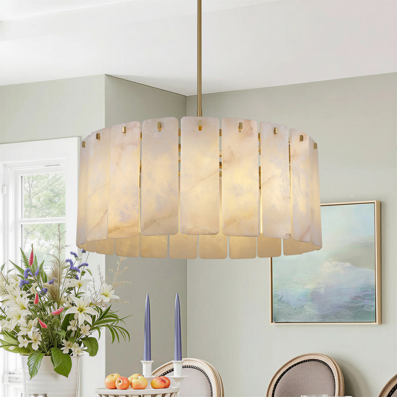 21 - Lustre tambour moderne en or et albâtre de 36 po pour la salle à manger