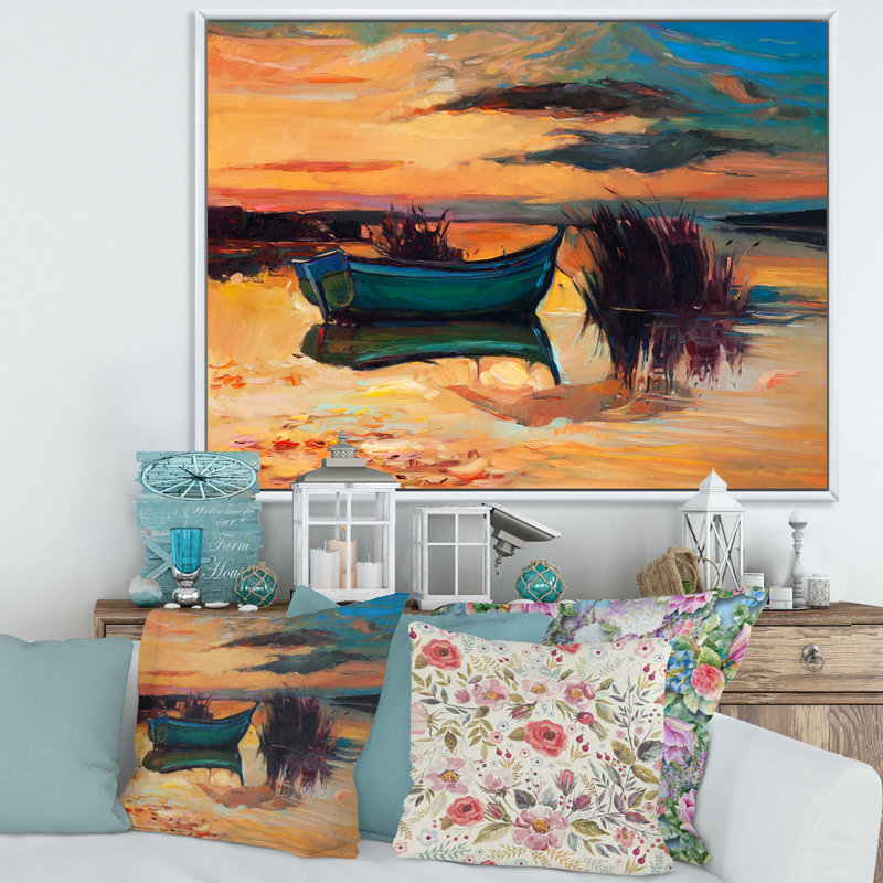 «Boat Pendant Evening Glow At The Lake I», peinture sur toile, H 16 po x l 32 po x p 1 po, Cadre flottant blanc