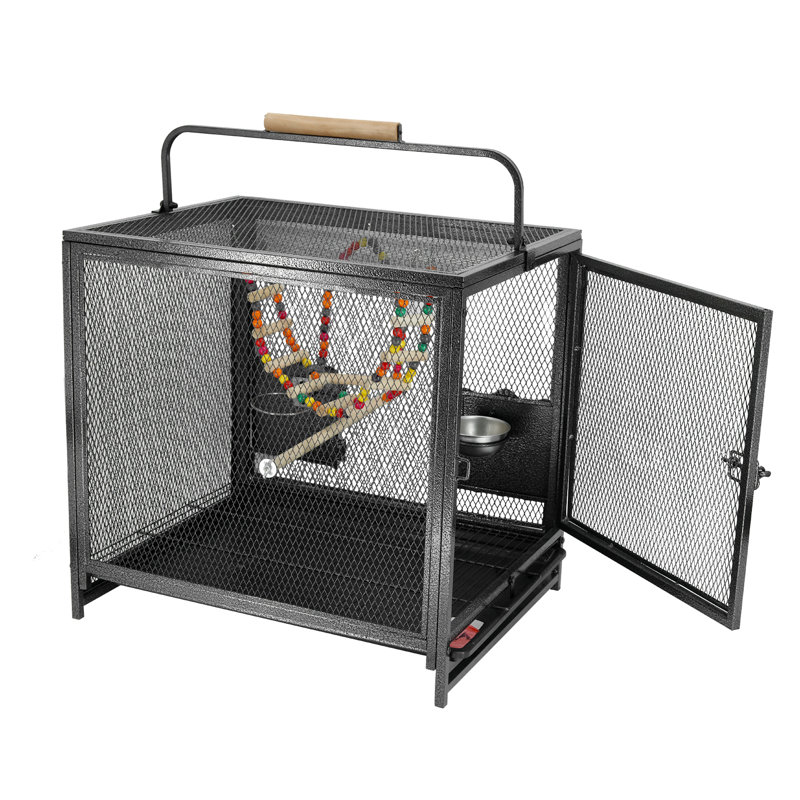 Cage de transport de 23 pouces en fer forgé à gros filet avec poignée Perchoir en bois, balançoire suspendue et garde-graines pour perroquets Conures Lovebird Cockatiel Parakeets - noir