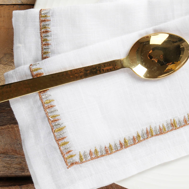 Cotton Napkins | Cultural Charm Embroidered Cotton Napkin - Set of 2, White/Brown, 16"W x 24"L