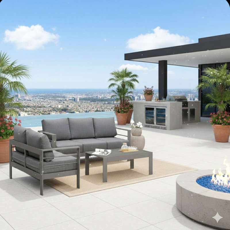 Ensemble de conversation de patio 3 pièces en aluminium 3 pièces, canapé d'extérieur 5 places avec coussins épais gris foncé et structure grise et table basse