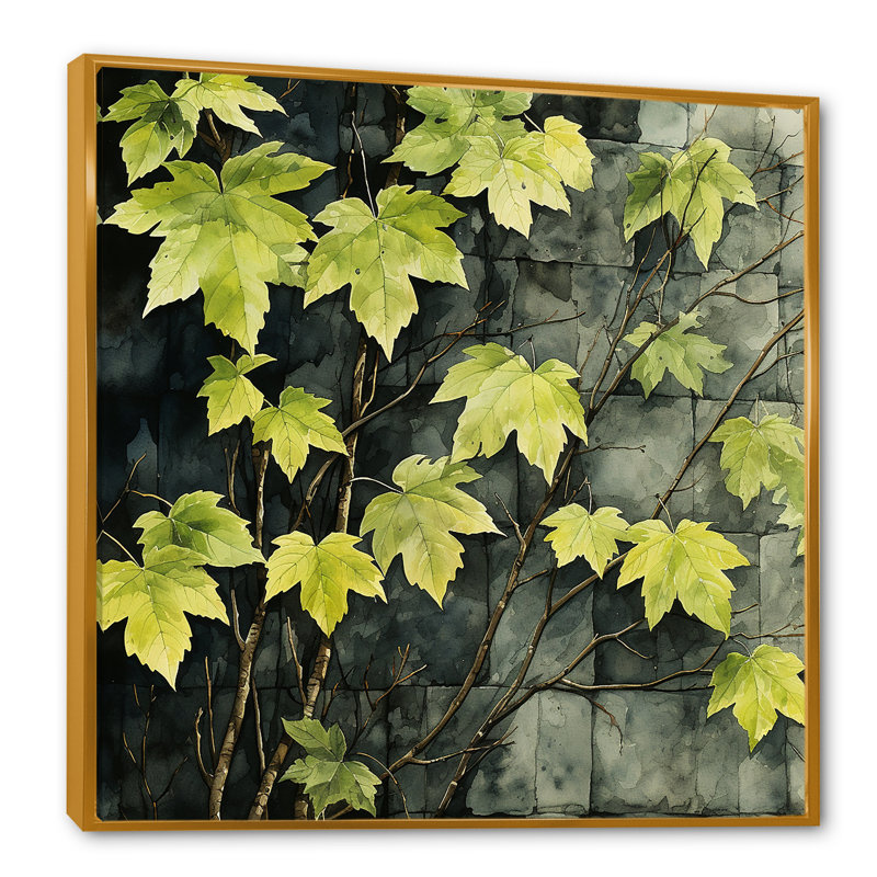 «Green Leaves Vine Minimalist Wall», art mural floral, Or, H 36 po x l 36 po
