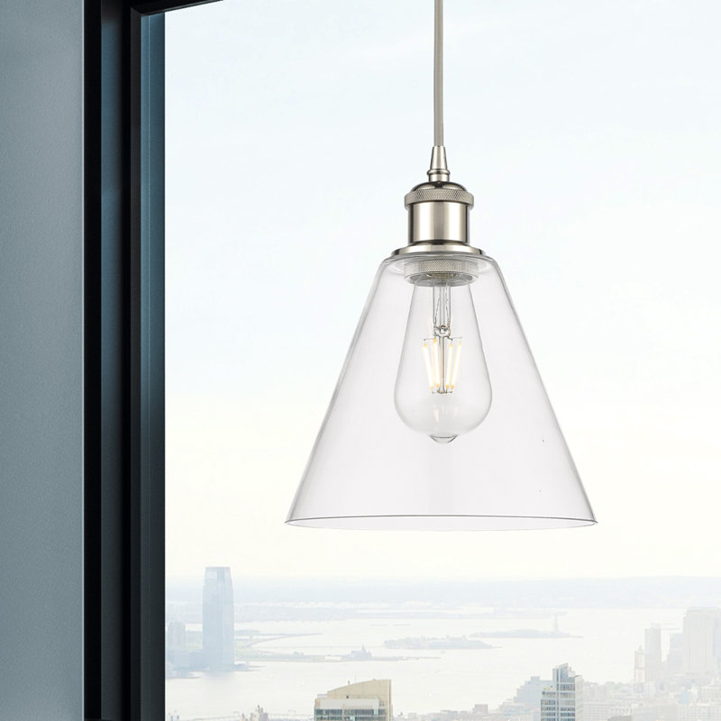 Luminaire suspendu conique à 1 lumière Halyn, H 11,75 po x l 8 po x P 8 po, Transparent, Nickel poli