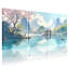 Paysage et nature Cherry Blossom Lake Pavilion Mountains réflexion bateau printemps paysage ensemble de 3 impressions d'art sur toile-606978720
