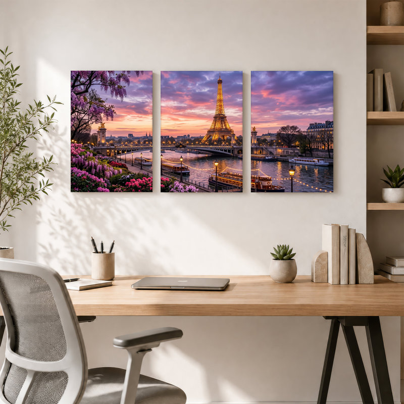 Ensemble de 3 toiles, tour Eiffel au crépuscule avec bateaux fluviaux et glycines, 24"H x 16"W x 3pcs