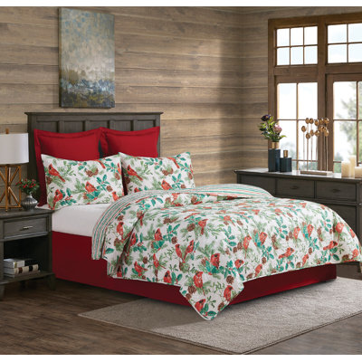 Green/red Cotton Reversible Quilt Set