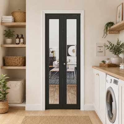 1 porte de garde-robe pliante en bois manufacturé avec miroir noir et noyau solide avec ensemble de quincaillerie d'installation (porte de garde-robe)
