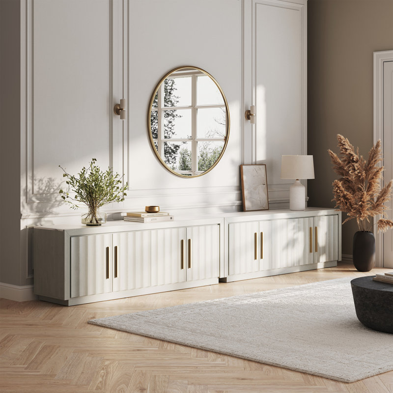 Meuble télé 68 pouces avec tablettes réglables, poignées en or rose, console multimédia élégante avec panneau en faux marbre et sable blanc