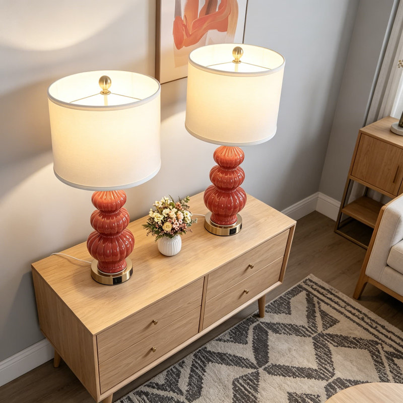Ensemble de 2 lampes de table Modern Modern en céramique avec 2 ports USB A + C et une prise de courant CA, Orange
