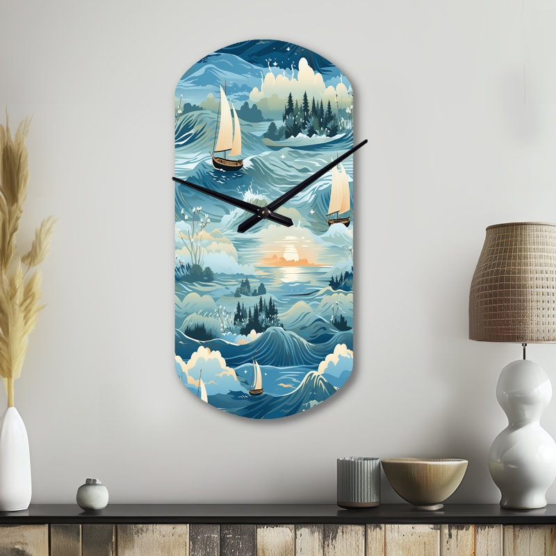 Coastal Tranquillity Seaside Landscape - Cylinder Shape Decorative Blue Coastal Wall Clock, Small