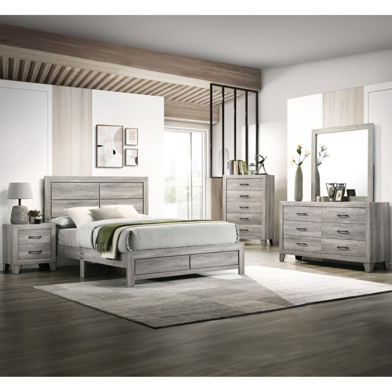 Très grand lit contemporain aux tons gris, grain de bois rustique, tête de lit aux lignes épurées, dans une boîte, facile à assembler, assemblage simple, finition en boîte, entretien, assemblage