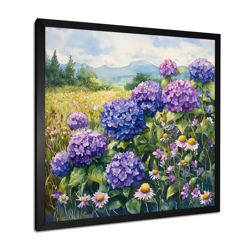 Hortensias dans un champ de fleurs sauvages - hydrangées, art mural, H 36 po x l 36 po, Noir, noir, noir, noir