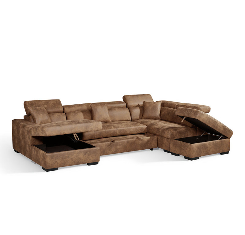 5 Seater Sofa Bed, Right Hand Facing, Brown Microfiber / Microsuede