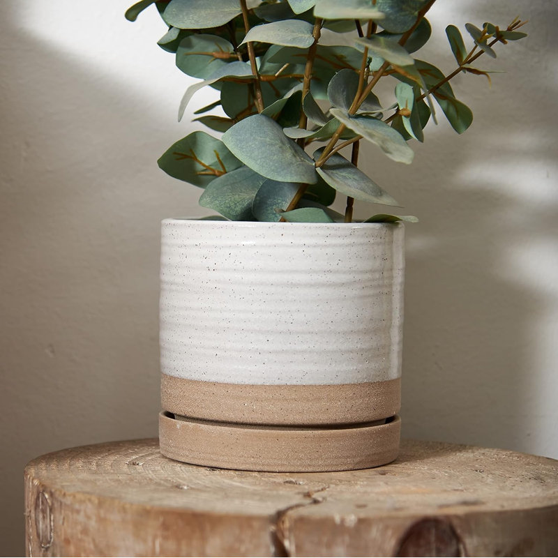 Pot en céramique 6 "avec drainage et soucoupe glaçure blanche et beige
